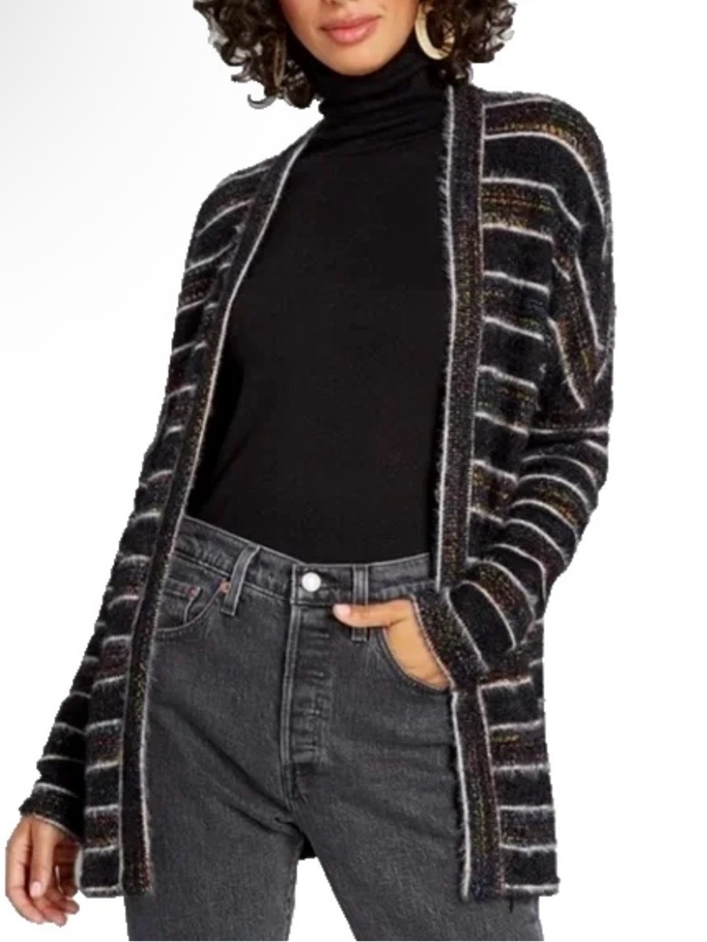 NWOT ModCloth Black Multicolor Metallic Chenille Fuzzy Long Cardigan Size M